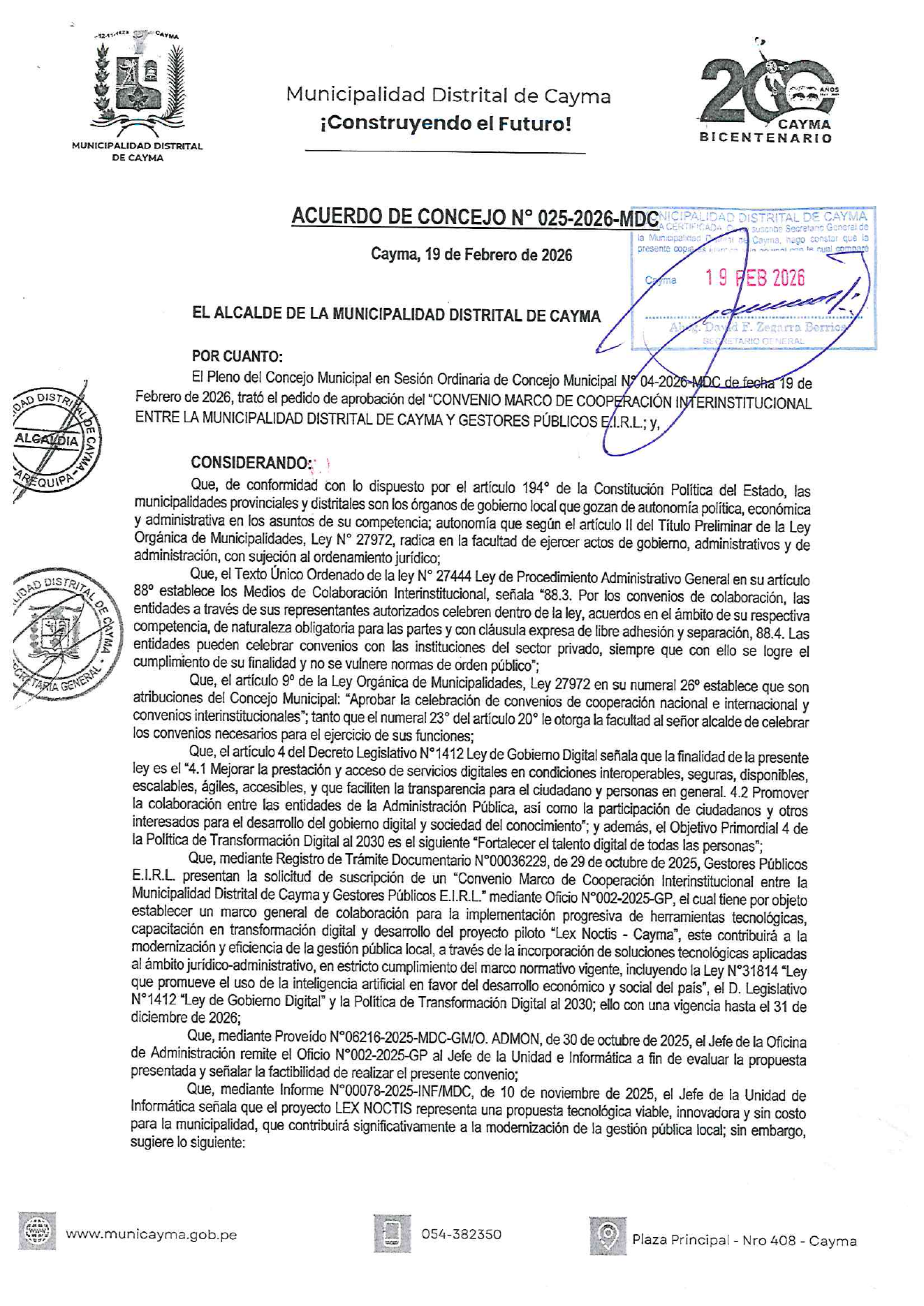 Acuerdo de Concejo N.° 025-2026-MDC: convenio entre Cayma y Gestores Públicos