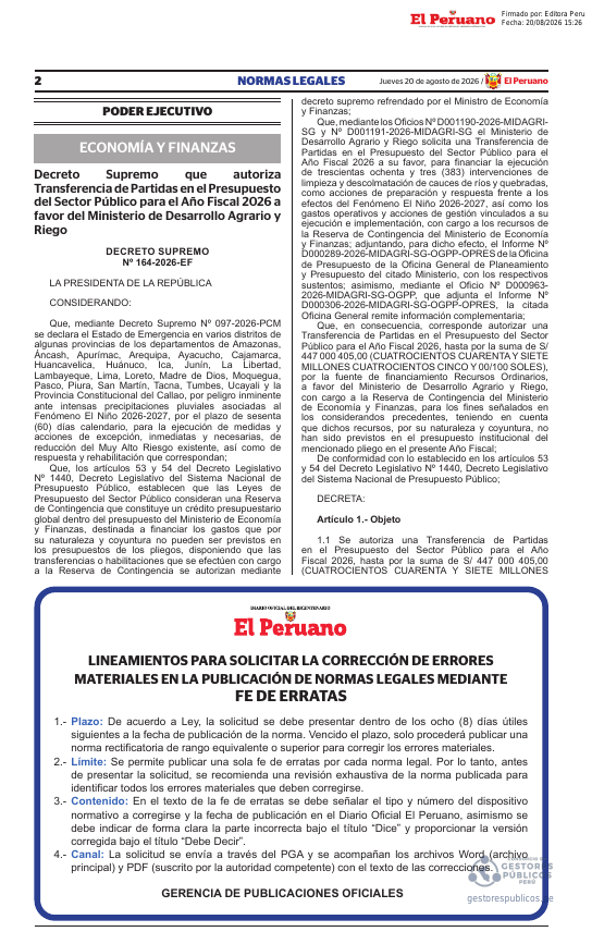 Previsualización de la primera página del Decreto Supremo 164-2026-EF sellado con sello de Gestores Públicos Perú