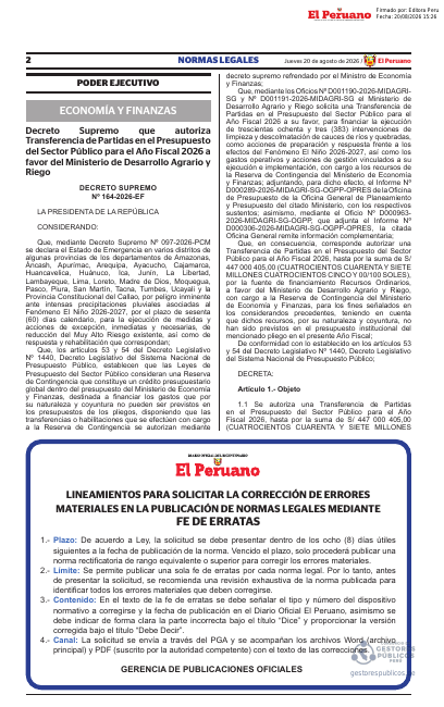 Previsualización de la primera página del Decreto Supremo N.° 164-2026-EF publicado en El Peruano con la transferencia de S/ 447 millones a MIDAGRI para limpieza de cauces