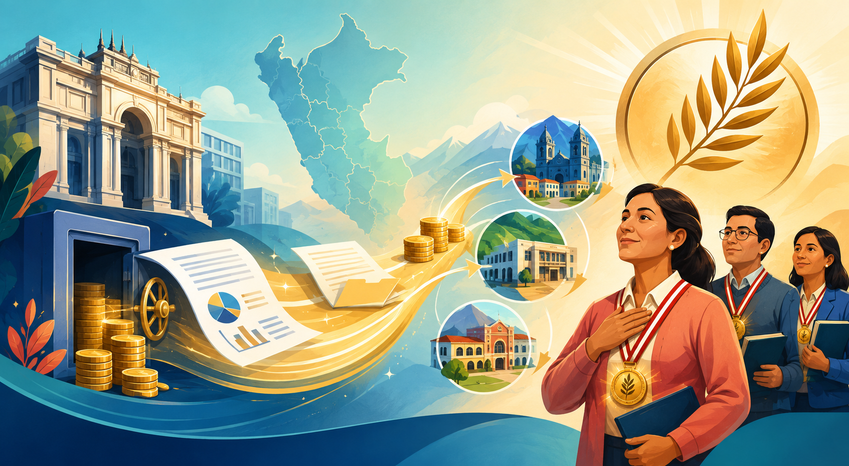 Ilustración editorial de transferencia presupuestaria a gobiernos regionales para bonificaciones de Palmas Magisteriales