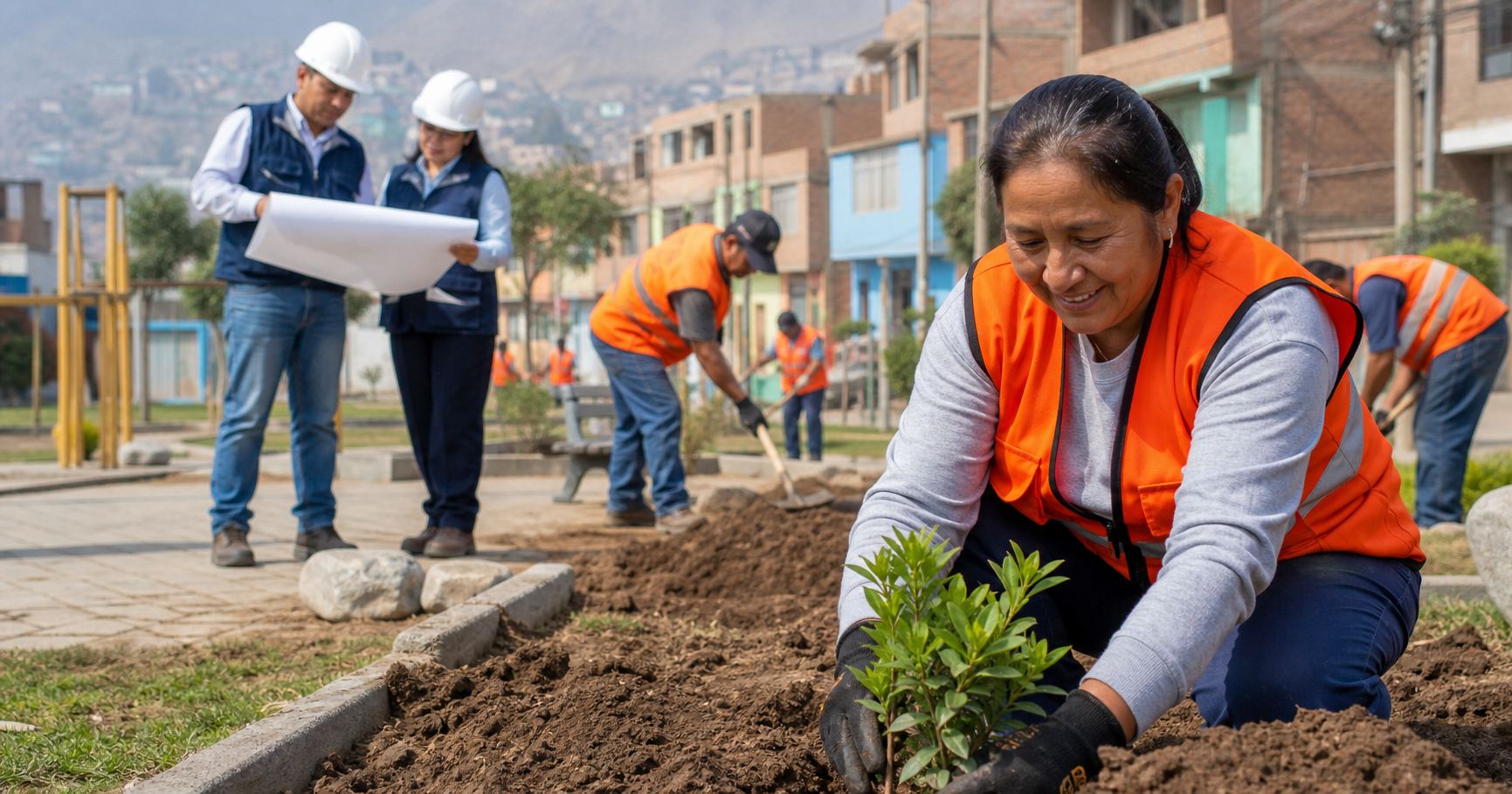 Trabajadores ejecutan actividades de intervención inmediata de un programa público de empleo temporal en Perú