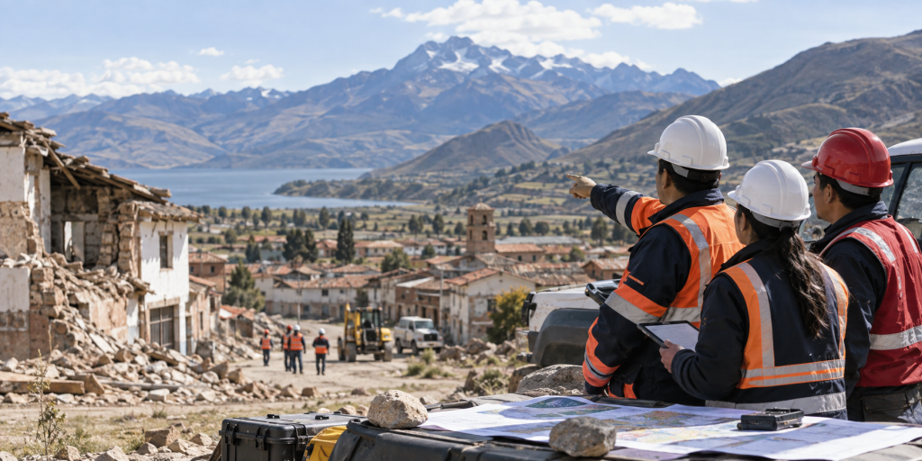 Personal de gestión del riesgo coordina la respuesta ante daños por sismo en una localidad andina de Junín