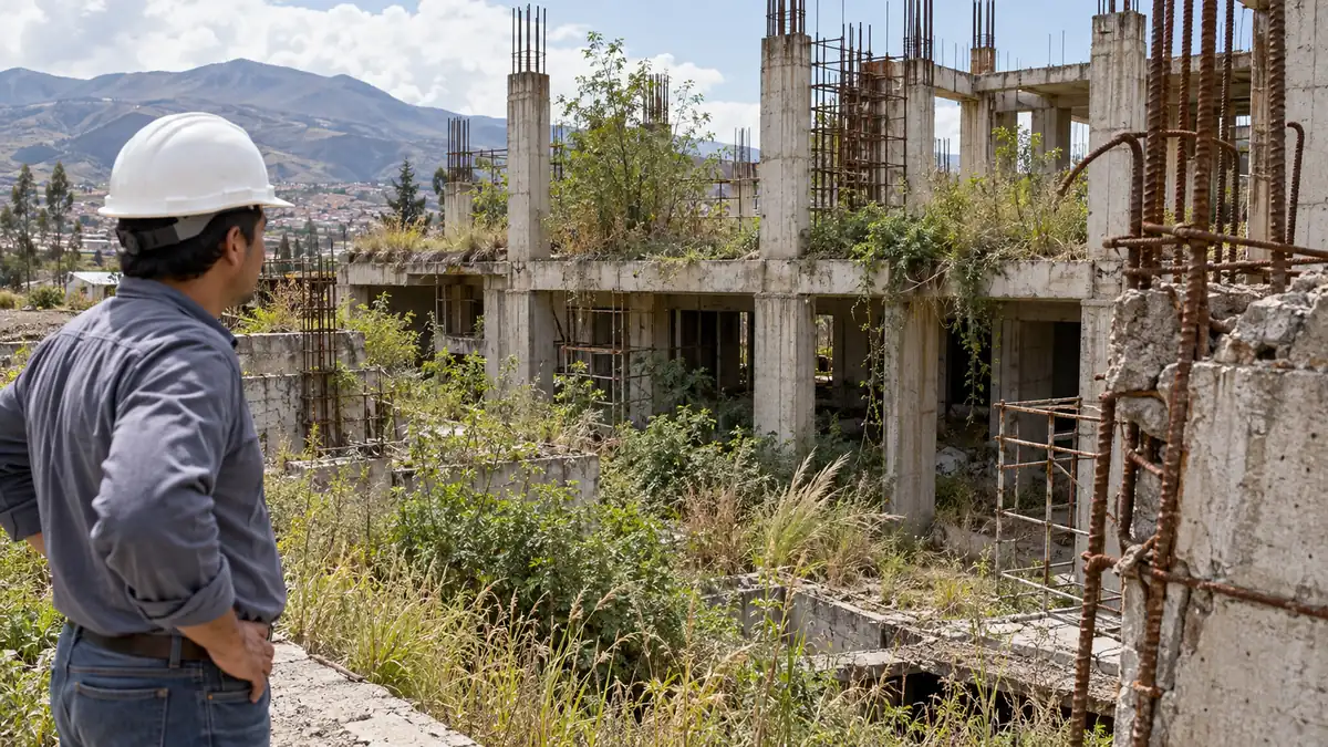 Obra pública paralizada en el Perú: estructura inconclusa con acero oxidado y vegetación, observada por un ingeniero