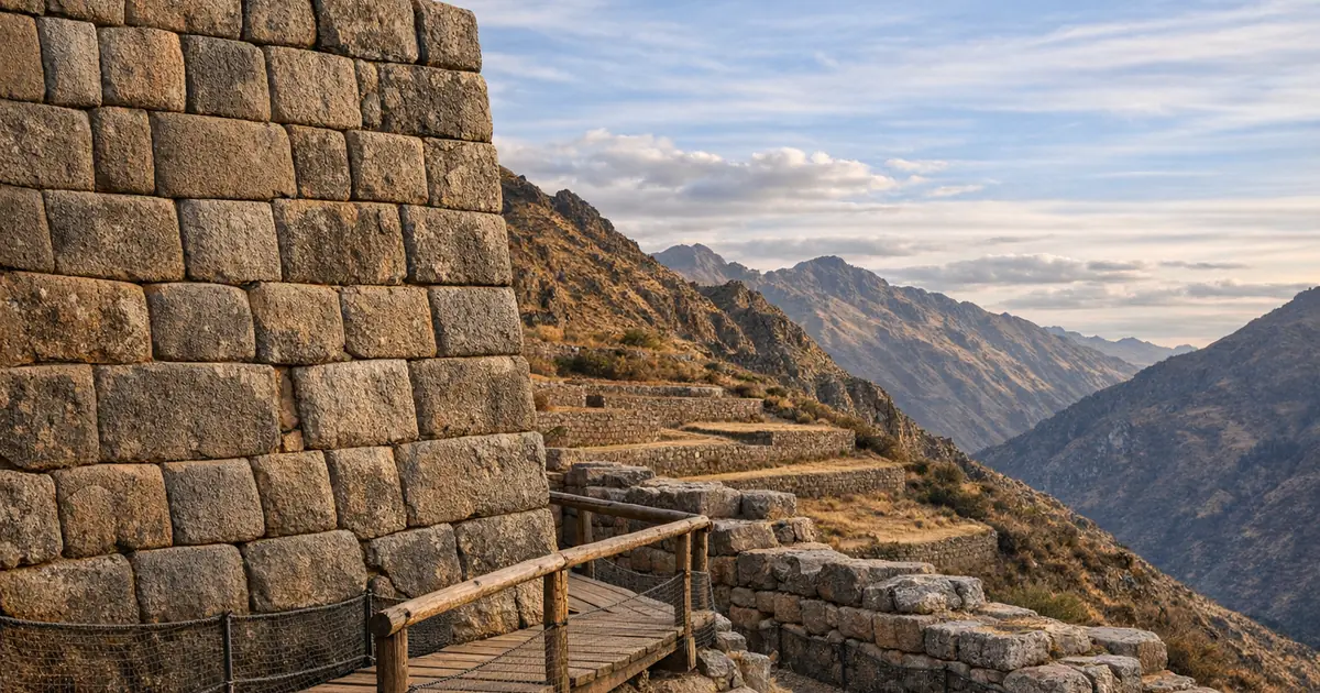 Muro de piedra de un sitio arqueológico peruano con pasarela de madera para trabajos de conservación, al atardecer