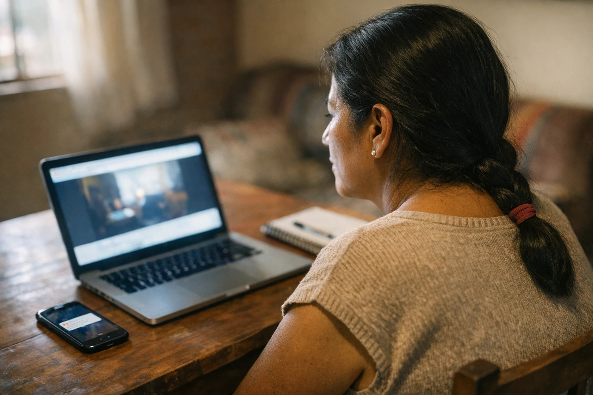 Ciudadana peruana revisa en su laptop una notificación oficial desde su casa, con el celular alertando el aviso: nueva casilla electrónica obligatoria del MINSA