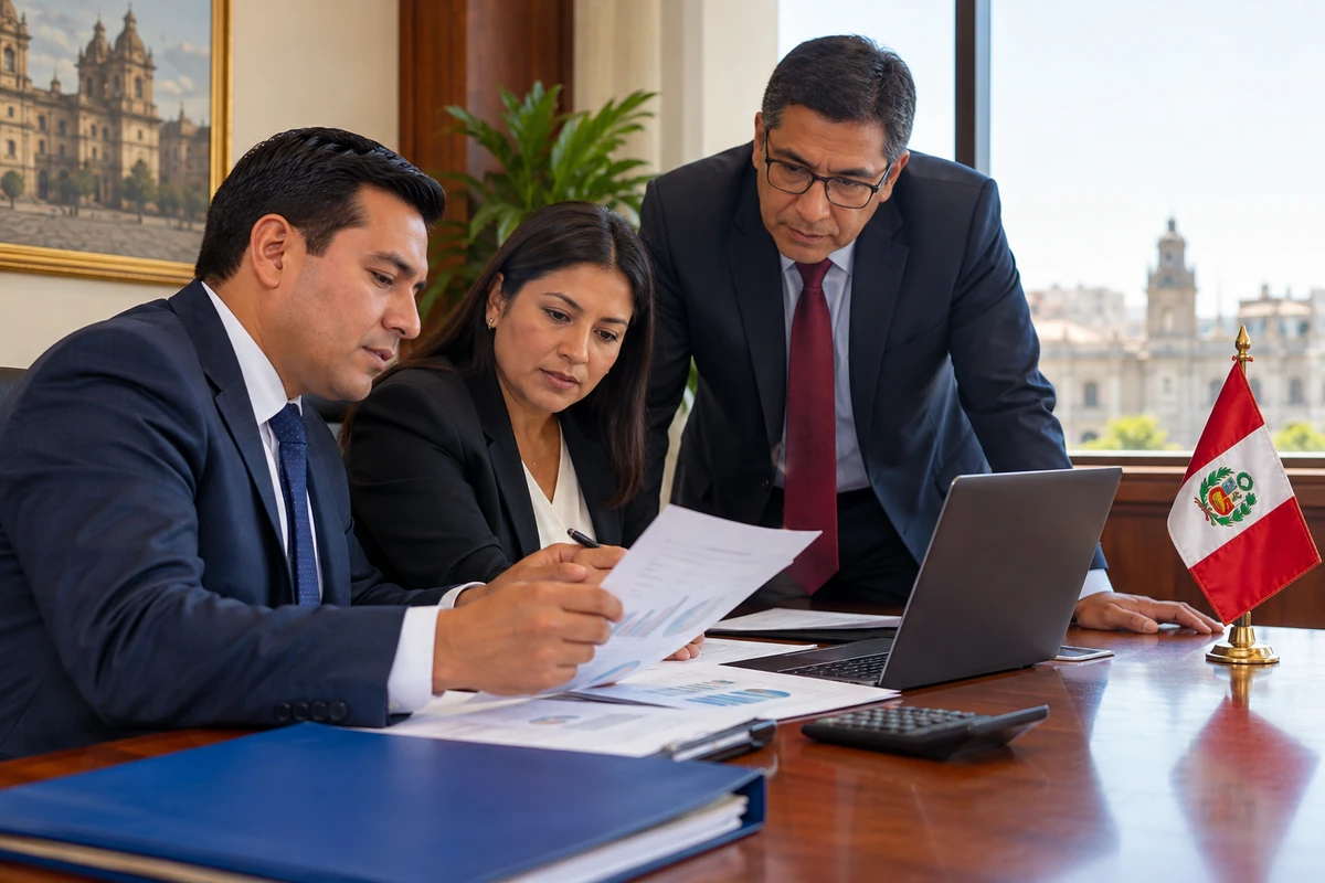Funcionarios públicos peruanos revisan documentos presupuestales en una oficina de gobierno (D.S. 213-2026-EF, Reserva de Contingencia)