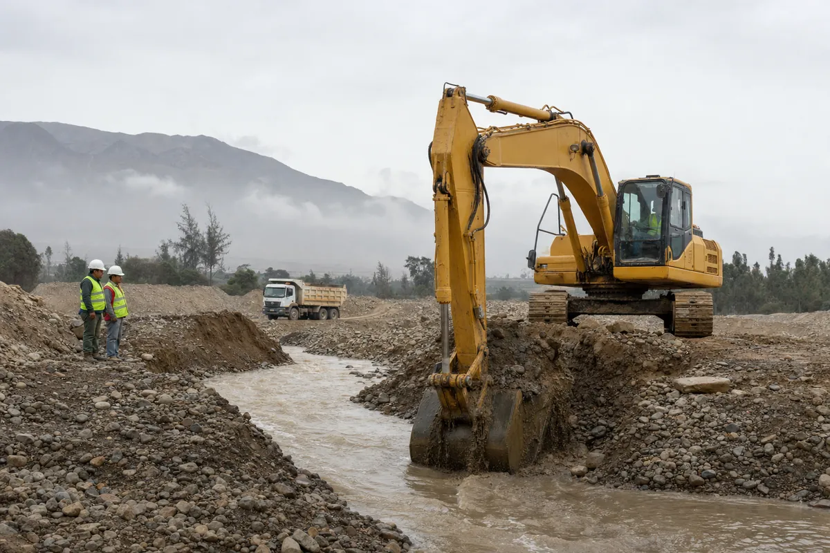 Excavadora retirando sedimentos y lodo del cauce de un río durante labores de descolmatación frente al Fenómeno El Niño