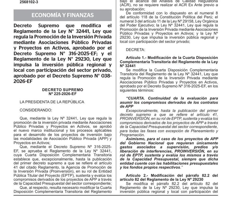 Vista del Decreto Supremo 225-2026-EF publicado en El Peruano