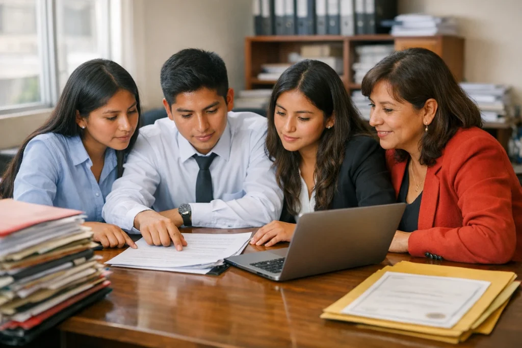 Jóvenes practicantes revisan expedientes junto a su supervisora en una oficina pública