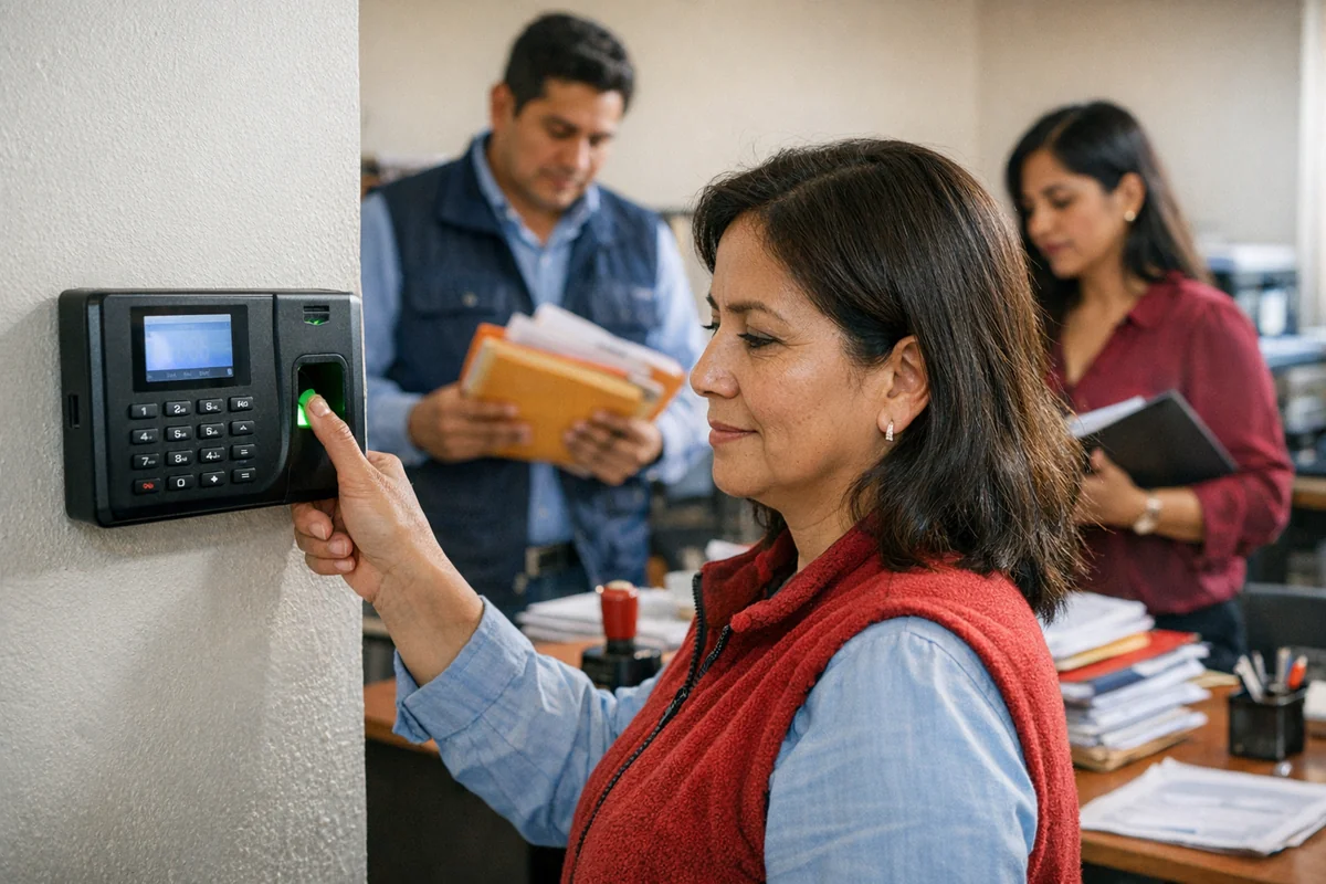 Trabajadora administrativa marca su asistencia en un reloj biométrico de una oficina pública