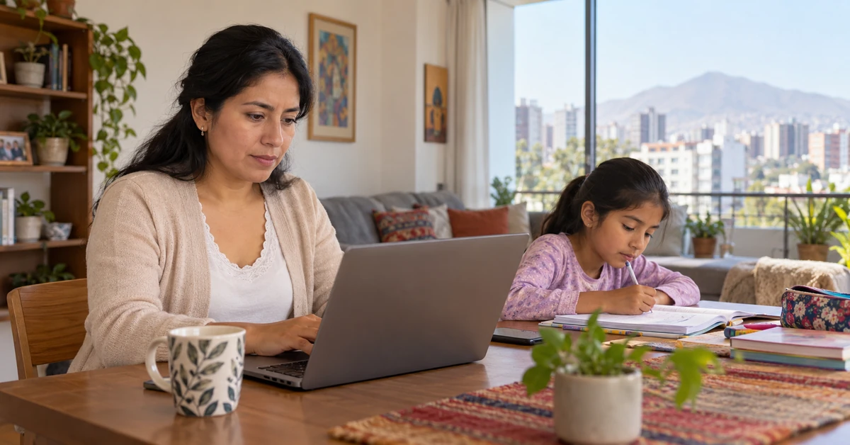 Servidora pública peruana realiza teletrabajo en casa mientras cuida a una niña en edad escolar