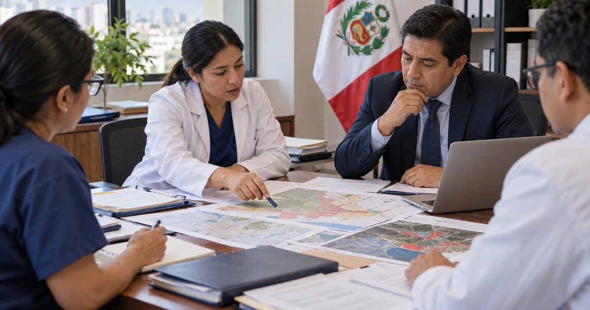 Profesionales de salud peruanos revisando planes de preparación ante emergencias en una oficina administrativa del Estado