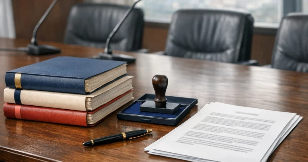 Expediente de laudo arbitral, sello de goma y carpetas sobre la mesa de una sala de audiencias arbitrales