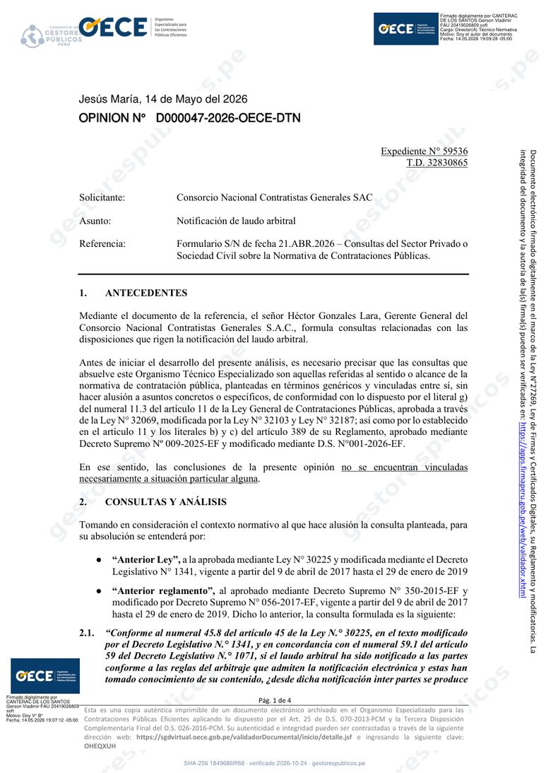 Primera página de la Opinión N.° D000047-2026-OECE-DTN del OECE sobre la notificación y eficacia del laudo arbitral