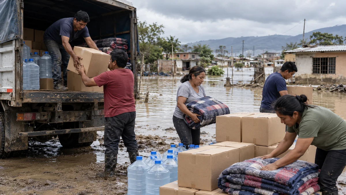 Personal de logística descargando suministros durante una emergencia por lluvias e inundación en el Perú