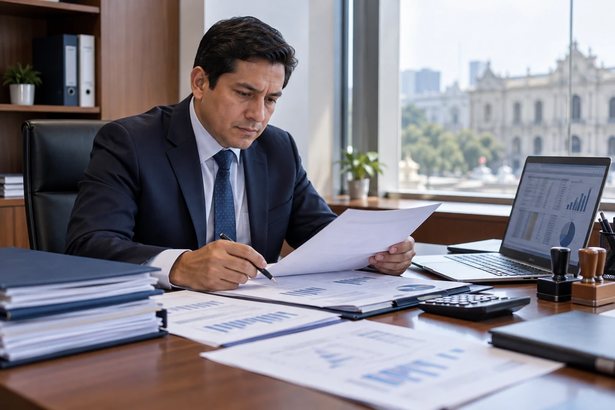 Funcionario público peruano del Ministerio de Economía y Finanzas revisando informes presupuestales en su oficina institucional en Lima