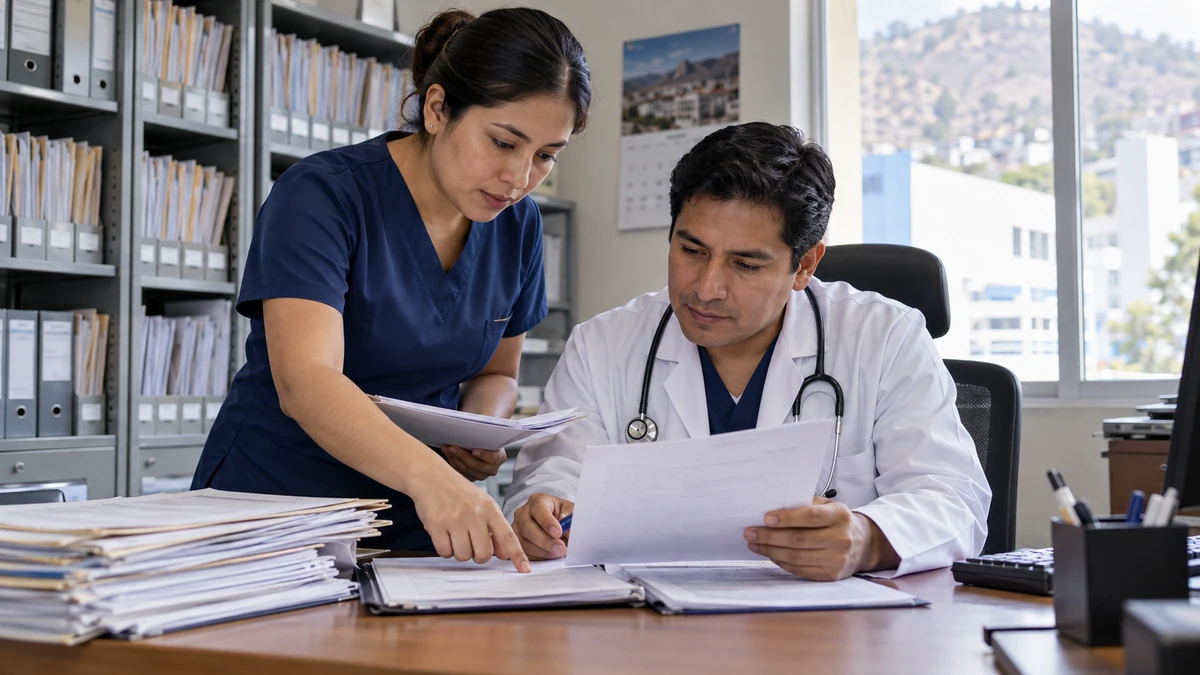 Personal de salud del sector público revisando expedientes y tiempo de servicios para su ascenso