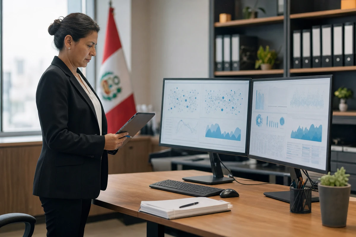 Servidora pública peruana frente a monitores con paneles de datos de inteligencia artificial en una oficina del Estado