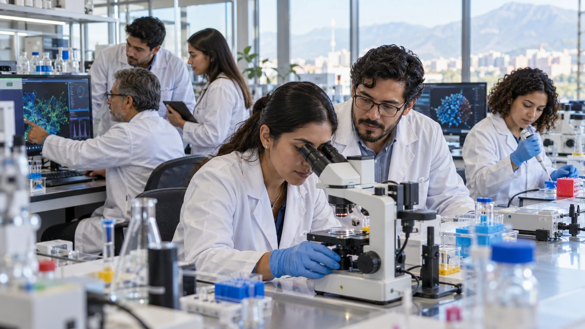 Investigadores trabajando en un laboratorio de ciencia, tecnología e innovación durante una reunión de cooperación internacional