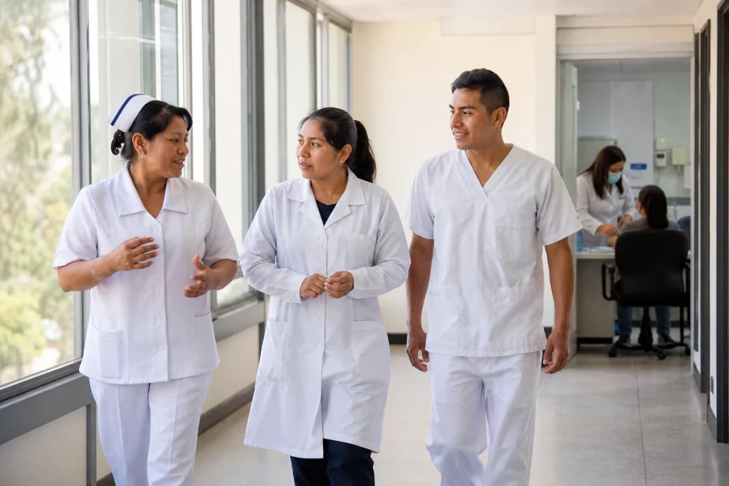 Personal de salud (enfermera, técnica de laboratorio y auxiliar asistencial) en un pasillo de un hospital público del Perú