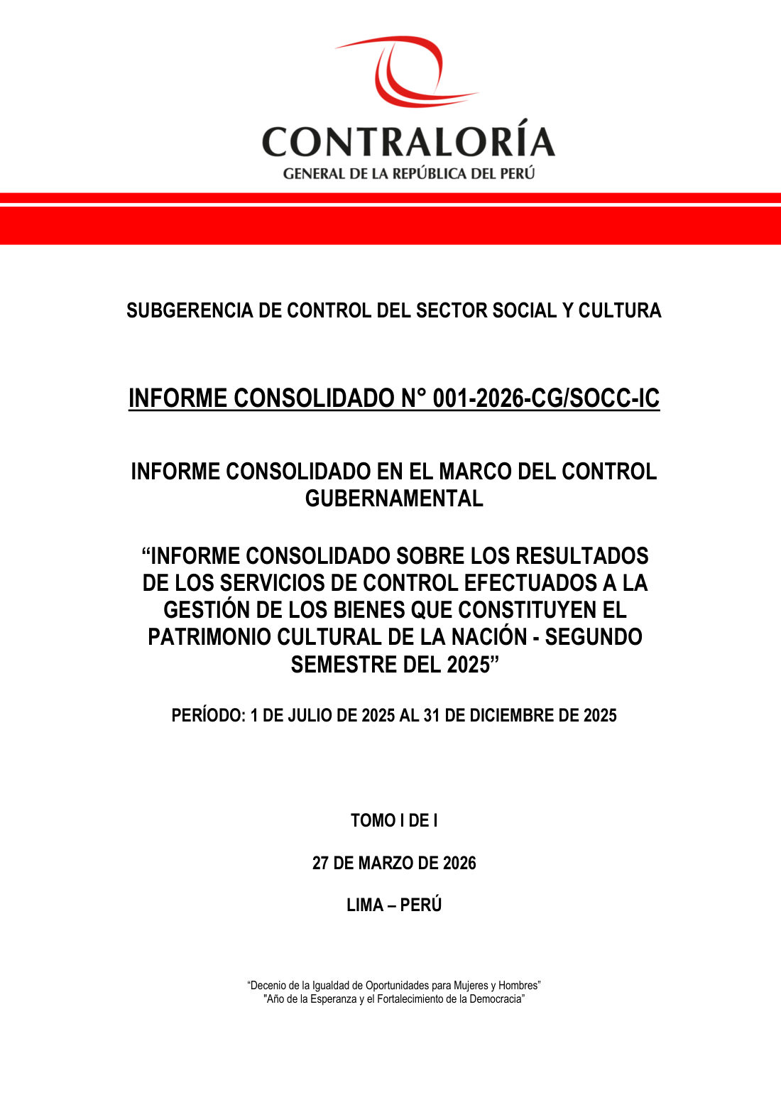 Primera página del Informe Consolidado N.° 001-2026-CG/SOCC-IC de la Contraloría sobre patrimonio cultural