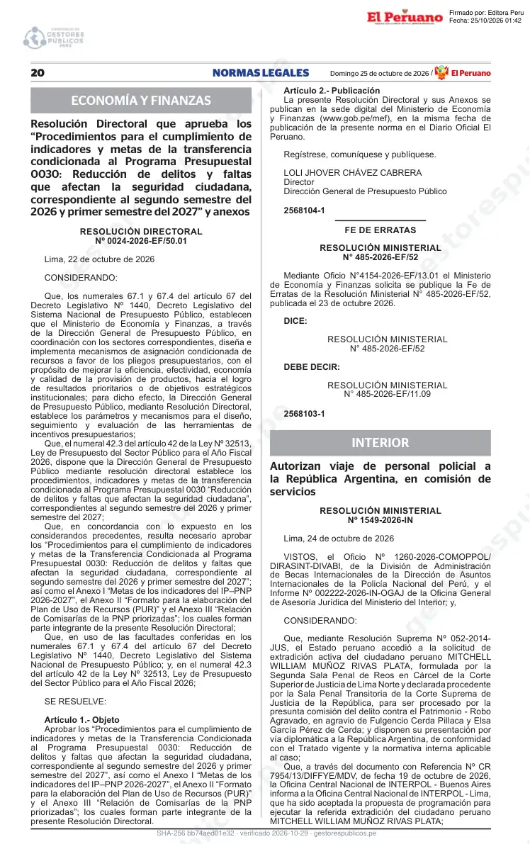 Primera página de la Resolución Directoral N.° 0024-2026-EF/50.01, publicada en el diario oficial El Peruano el 25 de octubre de 2026