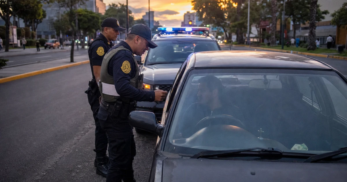 Agentes uniformados en un operativo de control vehicular en una avenida del Peru al atardecer