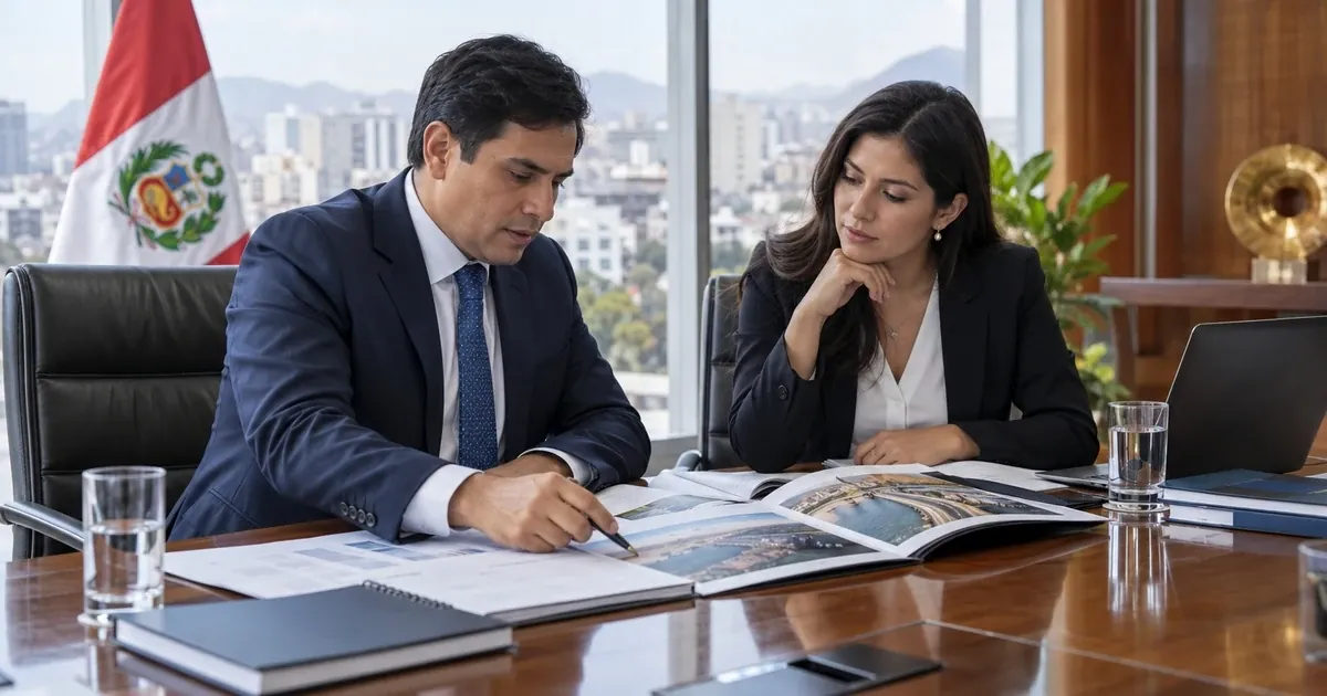 Profesionales revisan un portafolio de proyectos de infraestructura en una oficina institucional del Perú, junto a la bandera nacional