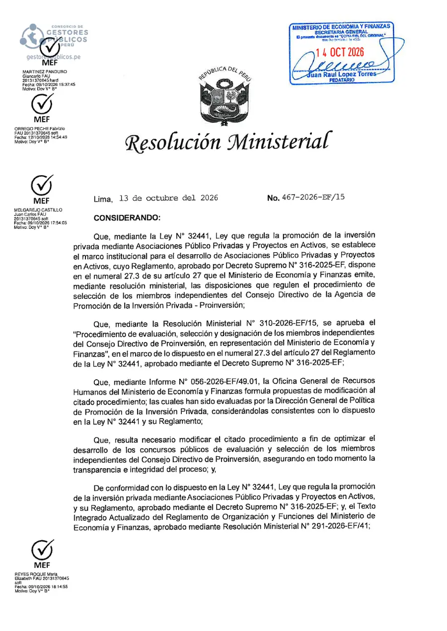 Vista previa de la Resolución Ministerial N.° 467-2026-EF/15 del Ministerio de Economía y Finanzas