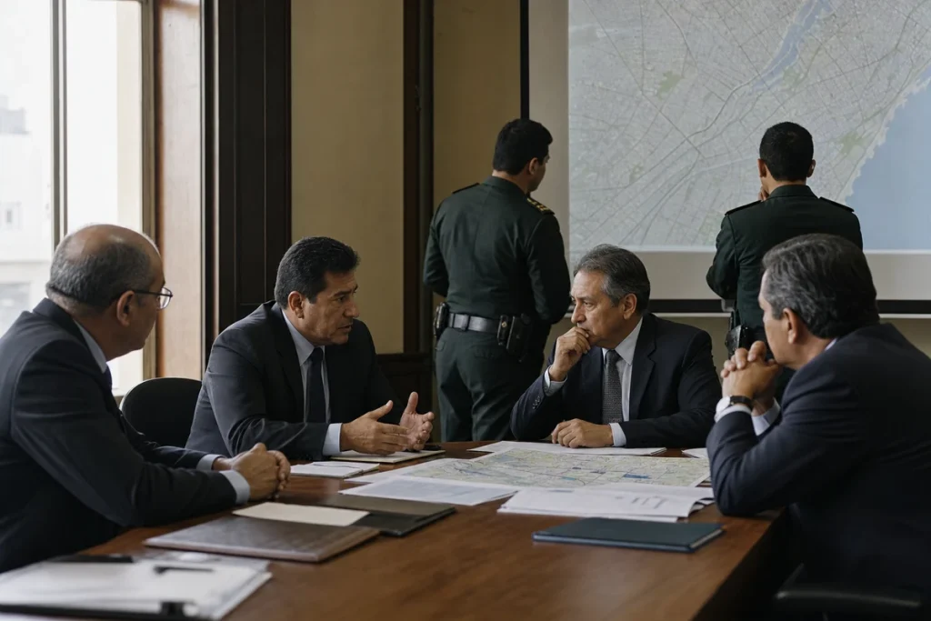 Reunión de coordinación de seguridad en Lima: autoridades de traje y oficiales de la Policía Nacional del Perú revisan mapas para articular acciones contra la criminalidad