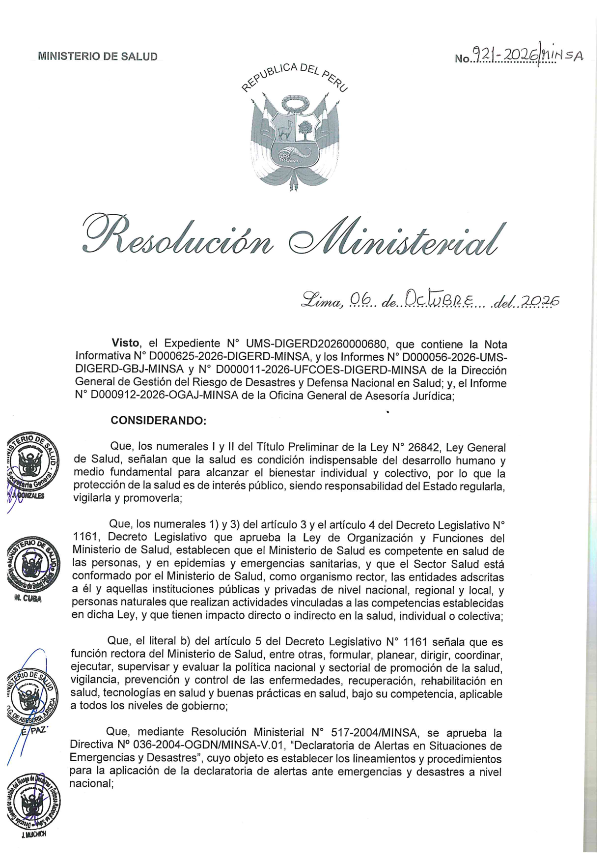 Primera página de la Resolución Ministerial N.° 921-2026/MINSA que declara alerta amarilla en los establecimientos de salud por el Fenómeno El Niño