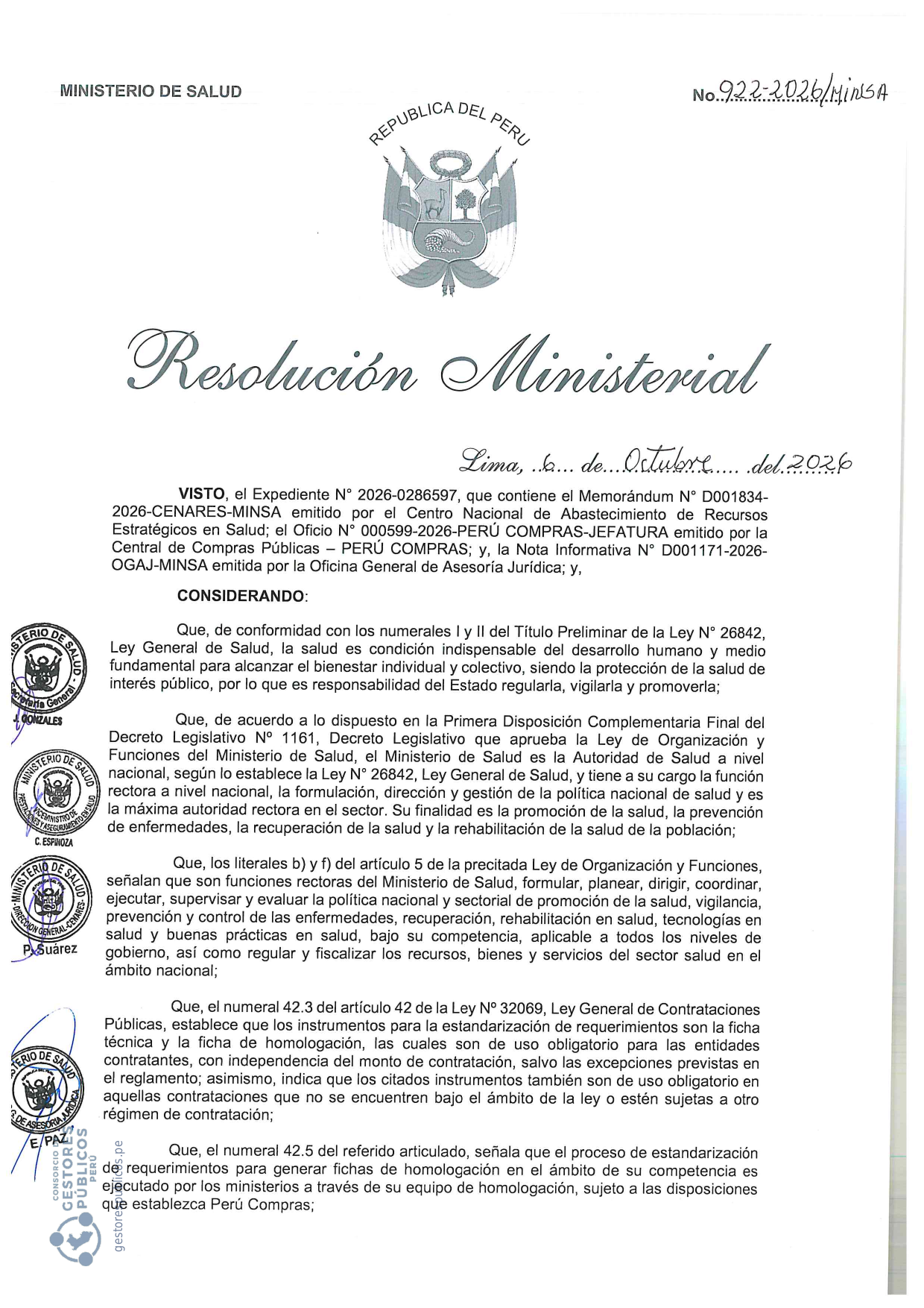 Primera página de la Resolución Ministerial N.° 922-2026/MINSA que aprueba la ficha de homologación del gorro descartable no estéril de cirujano