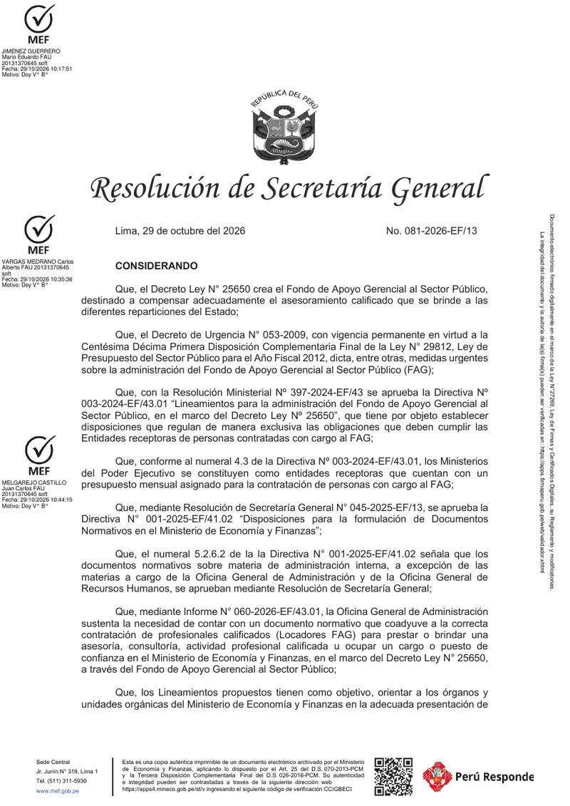 Primera página de la Resolución de Secretaría General 081-2026-EF/13 del MEF con los Lineamientos para Locadores FAG
