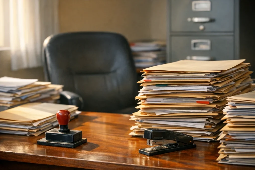 Escritorio de una oficina de recursos humanos del sector público con legajos, sellos y archivadores