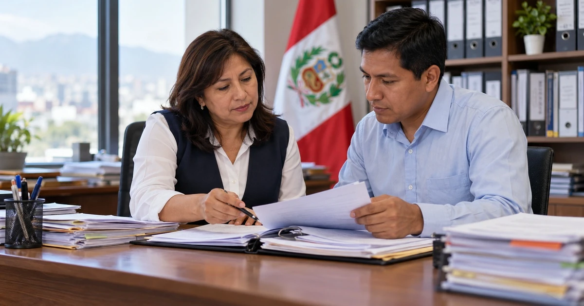 Docente y auxiliar de educación peruanos revisando expedientes en una oficina de gestión educativa