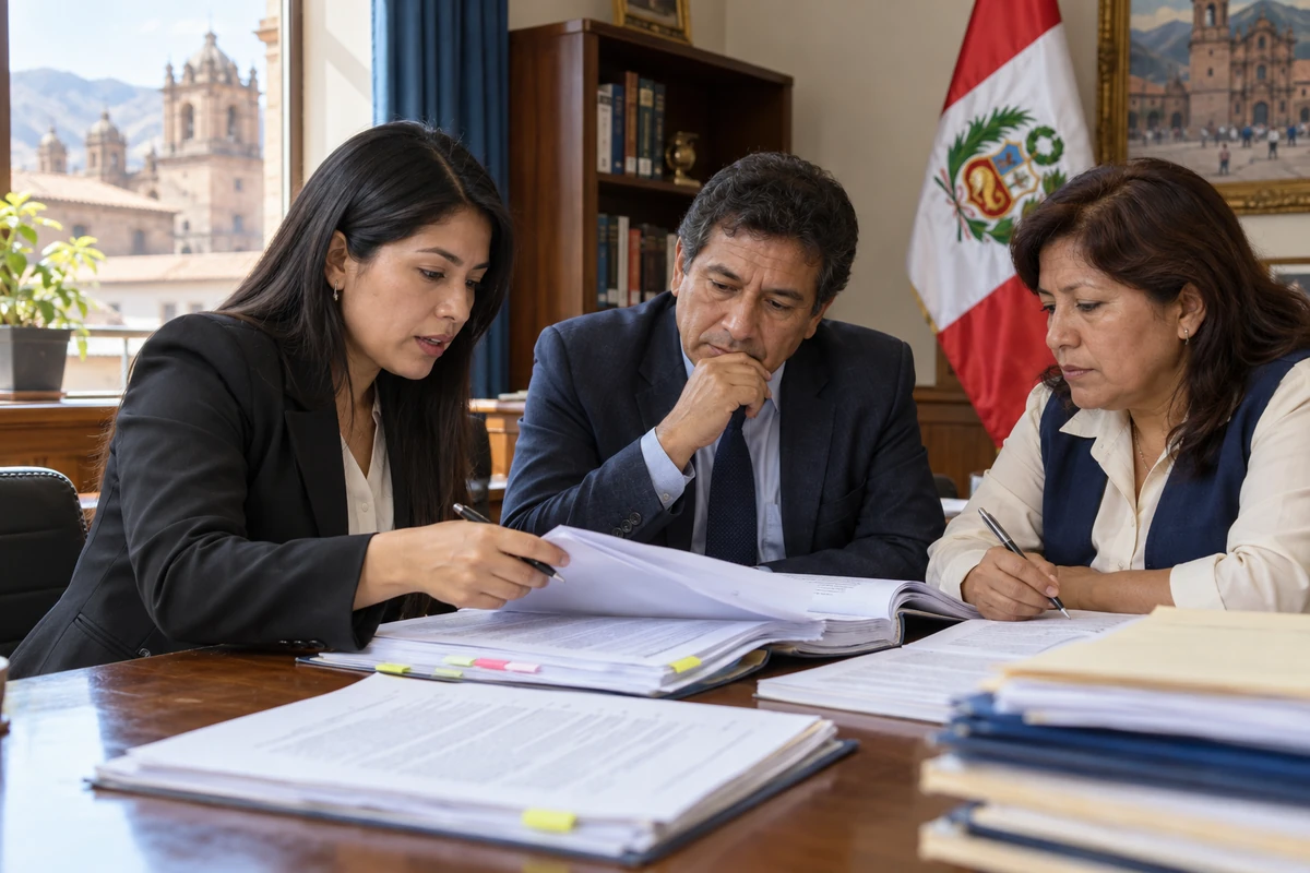 Especialista de recursos humanos y funcionarios municipales revisan el expediente disciplinario de la Secretaria Tecnica del PAD en una oficina de una municipalidad peruana