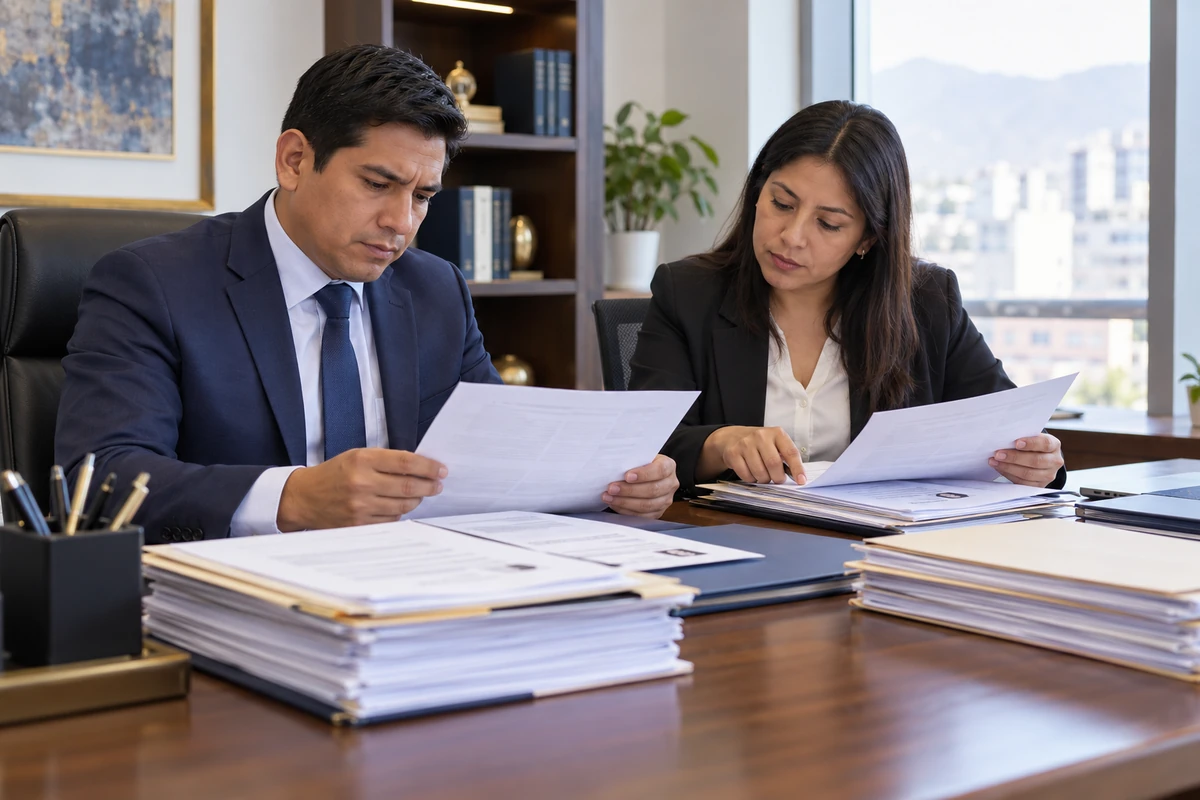 Funcionario público y personal de recursos humanos revisando expedientes de selección de personal en una oficina institucional del Perú