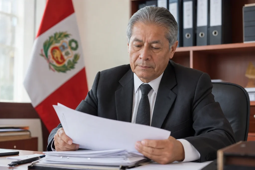 Servidor público peruano de la carrera administrativa revisa un expediente oficial antes de cumplir la edad de cese