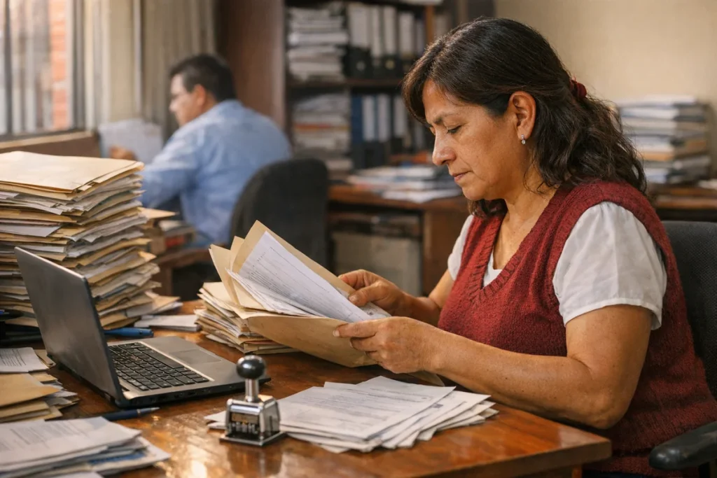 Servidora pública revisa legajos de personal en la oficina de Recursos Humanos de una municipalidad