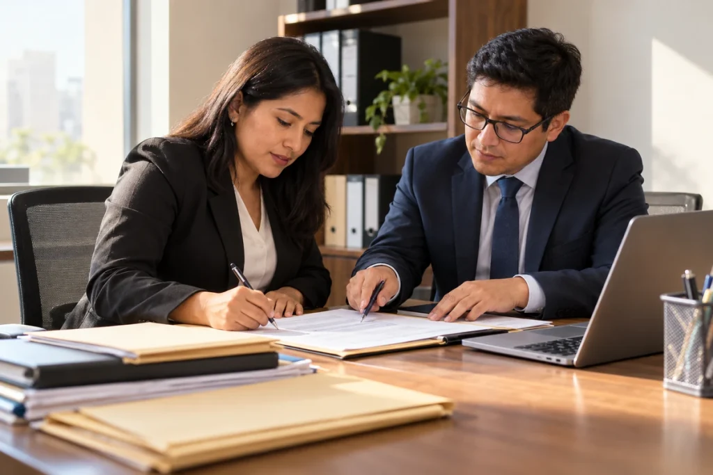 Servidora pública y especialista de recursos humanos revisan y firman un contrato CAS en una oficina de una entidad del Estado peruano